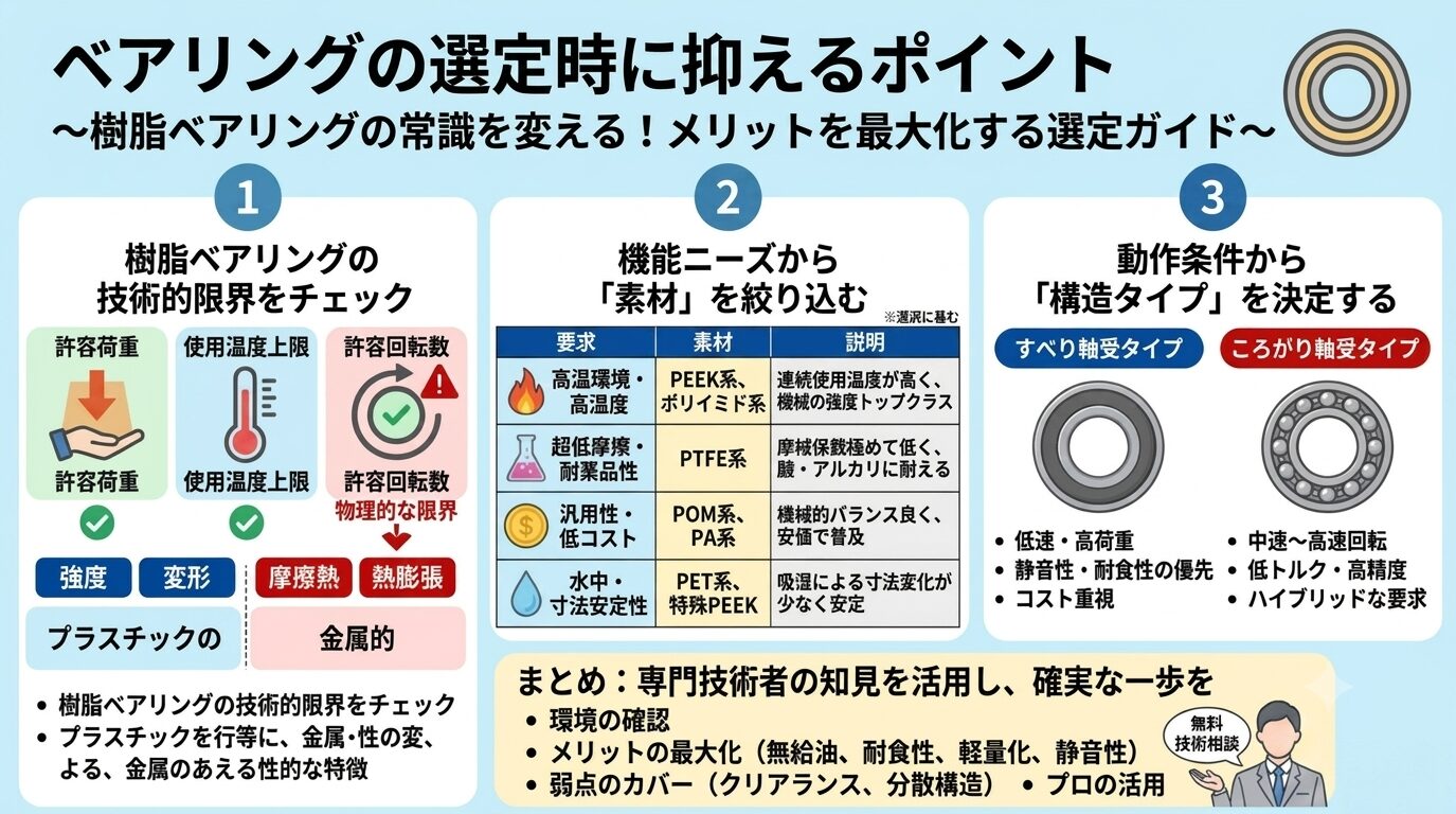 ベアリング選定における樹脂ベアリングの適用可否や素材選びをステップバイステップで解説しており、設計者や保全担当者の技術的な悩みを解決する有益なガイド