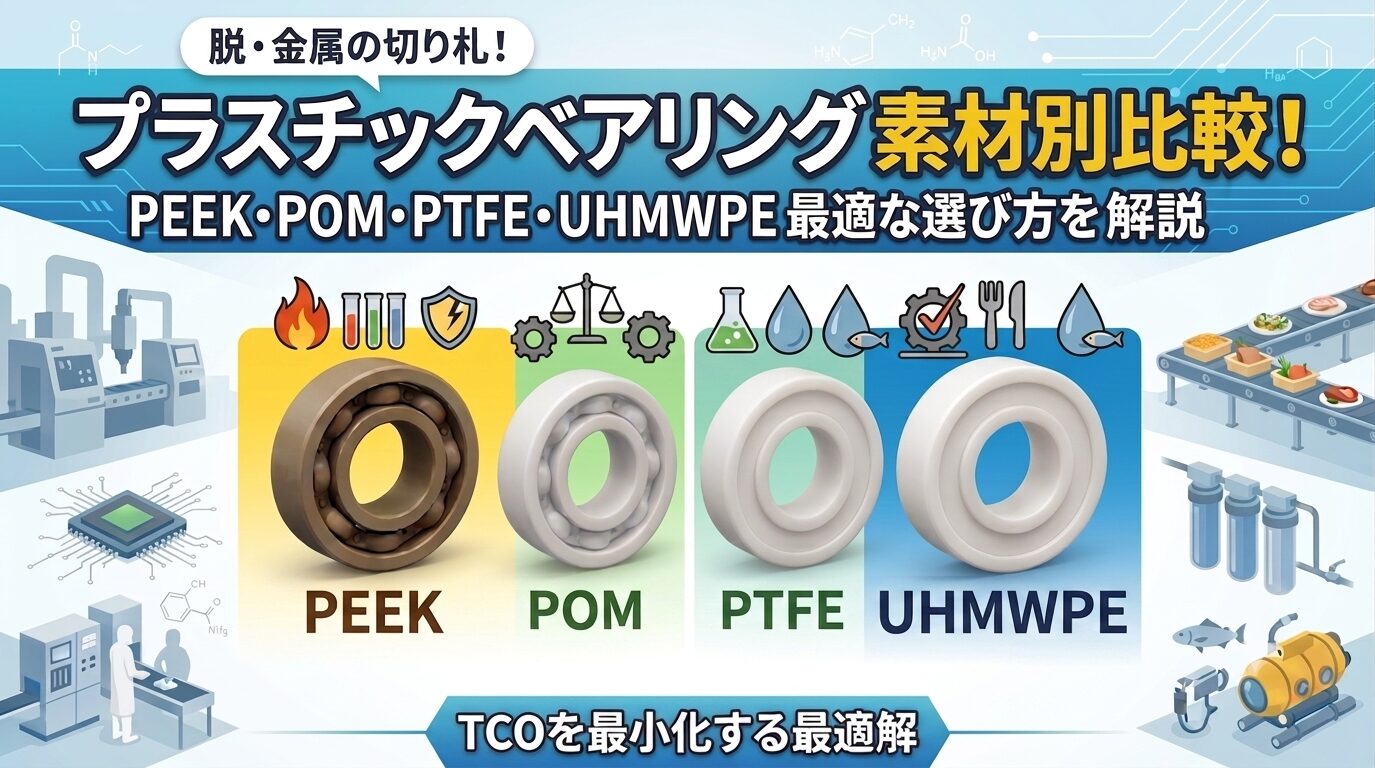 プラスチックベアリングの種類と用途【素材別比較】｜PEEK、POM、PTFEの最適な選び方の記事のサムネイル画像